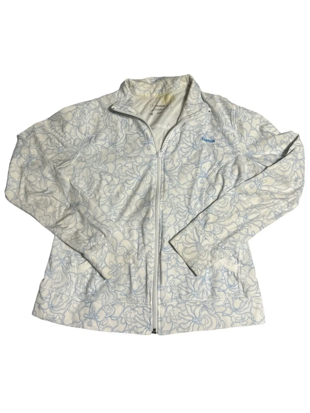 Reebok Women's White Jacket with Light Blue Floral Outline